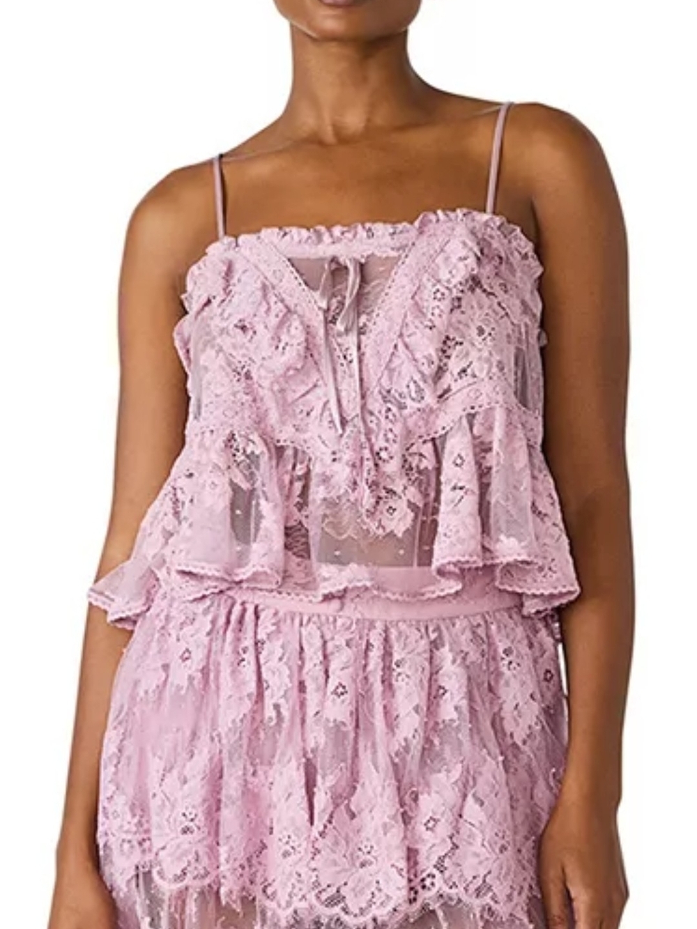 Steve Madden Arietty Lace Ruffle Cami Top Pink Sheer Embroidered Blouse NWT S